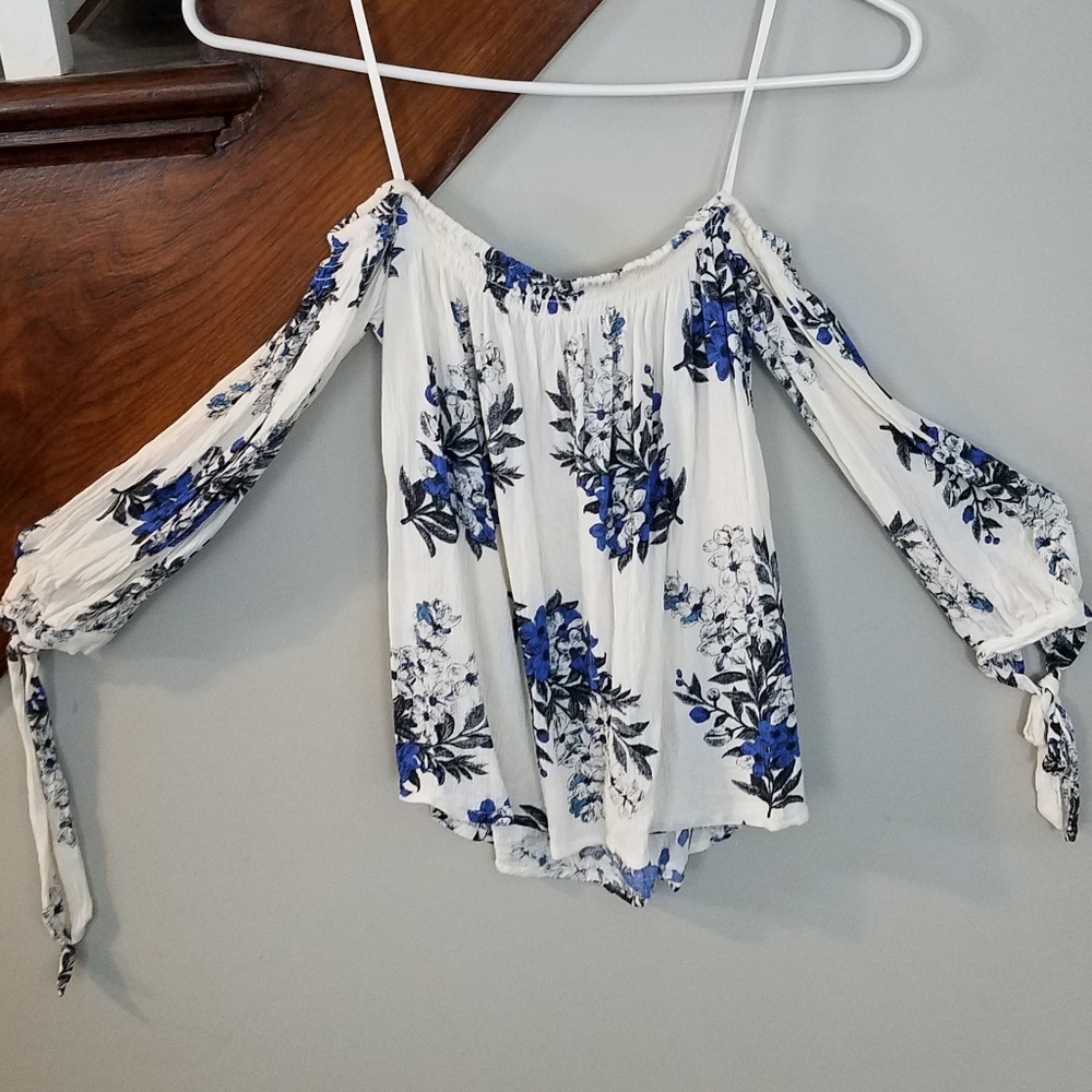 Strapless flowy cream with black & blue floral XS